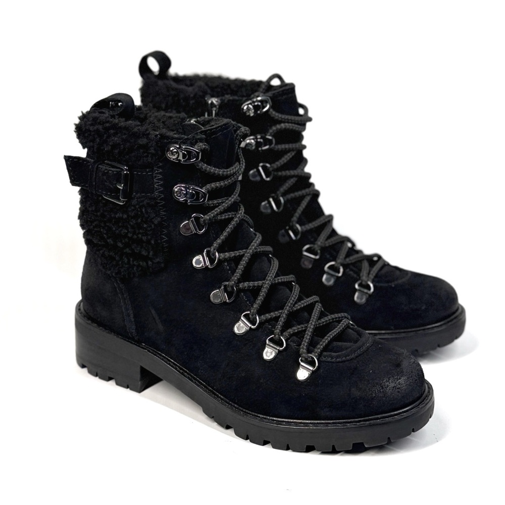 New SAM EDELMAN Tenlee Shearling Leather Lace Up Hiking Boots Black 7